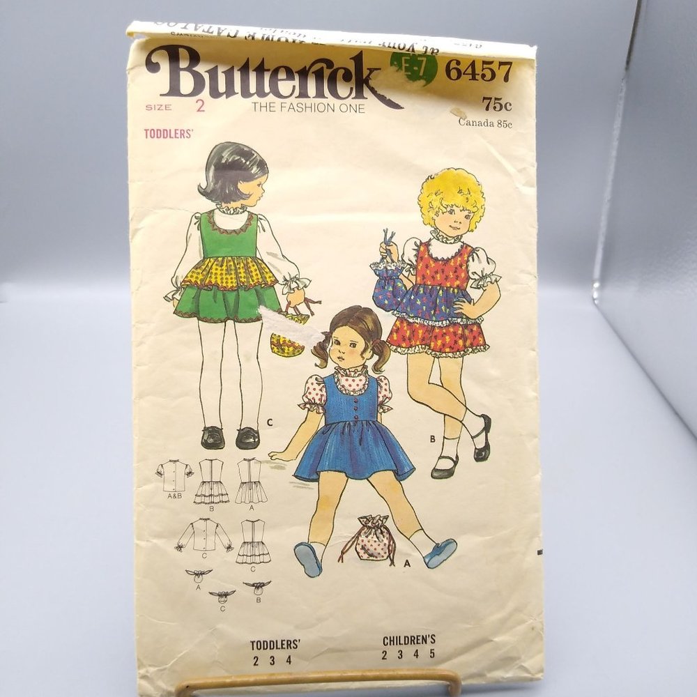 Vintage Sewing PATTERN Butterick 6457, Toddlers 1970s Jumper Blouse and Bag